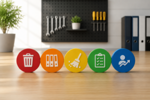 Ilustração representando o Programa 5S com elementos de organização, limpeza, padronização e produtividade em ambiente de trabalho.