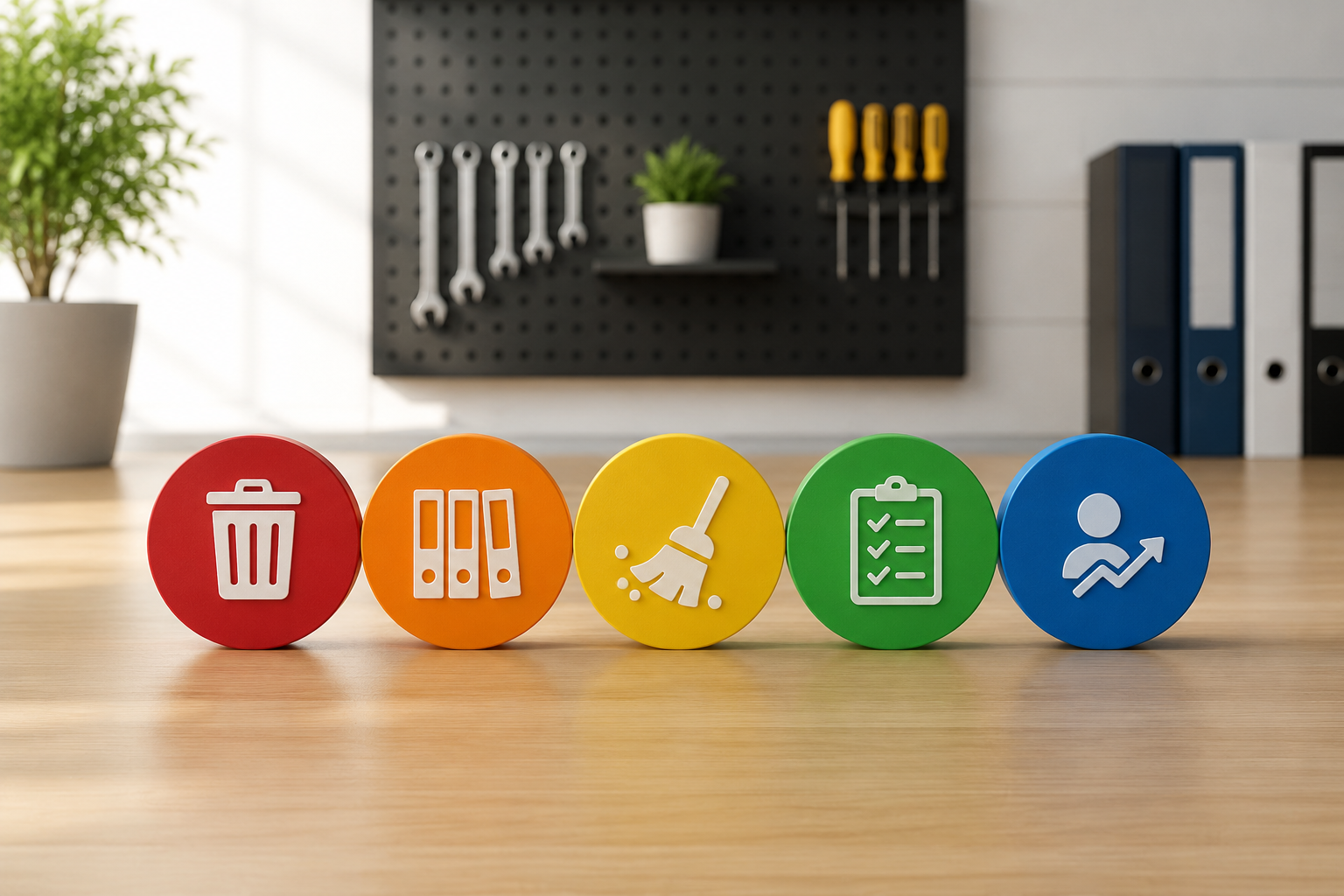 Ilustração representando o Programa 5S com elementos de organização, limpeza, padronização e produtividade em ambiente de trabalho.