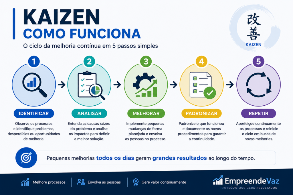 Infográfico mostrando o ciclo Kaizen com as etapas identificar, analisar, melhorar, padronizar e repetir para promover a melhoria contínua.