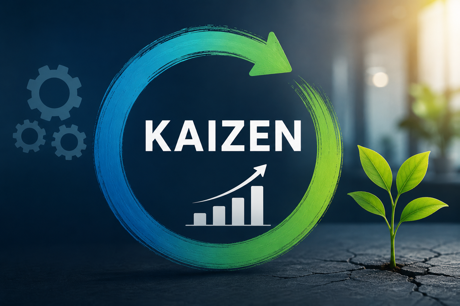 Ilustração representando o Kaizen e a melhoria contínua nas empresas por meio da otimização de processos e crescimento sustentável.