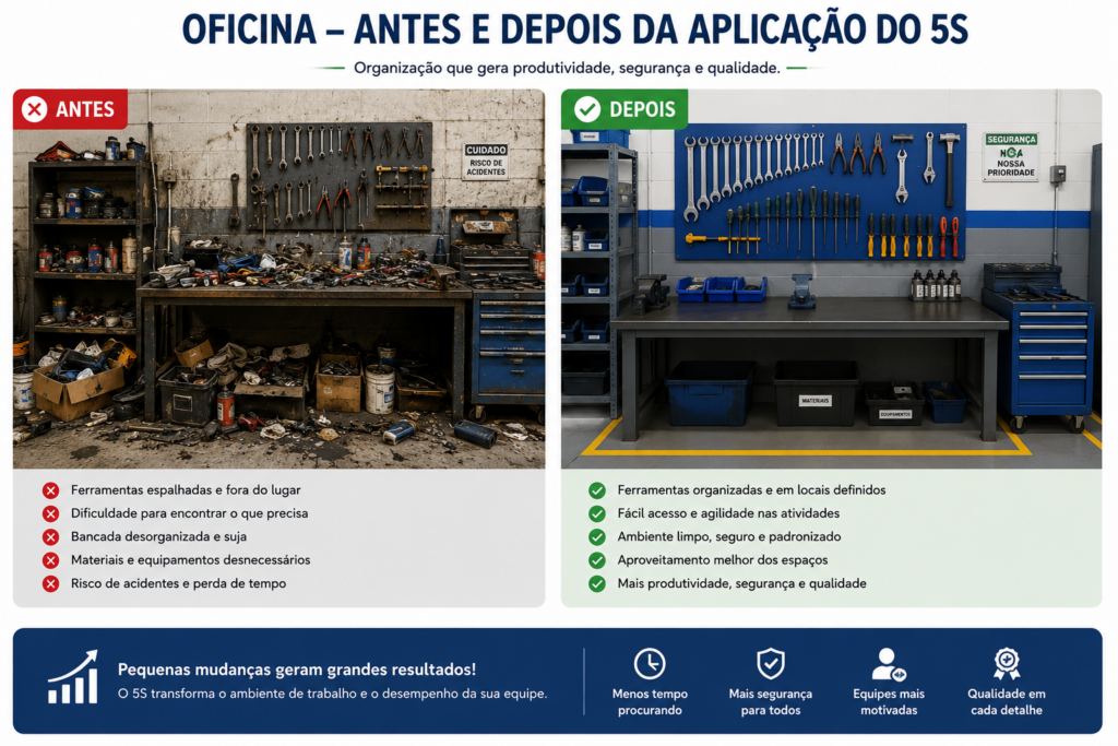 Comparação entre uma oficina desorganizada antes da implantação do Programa 5S e o mesmo ambiente organizado após a aplicação da metodologia 5S.