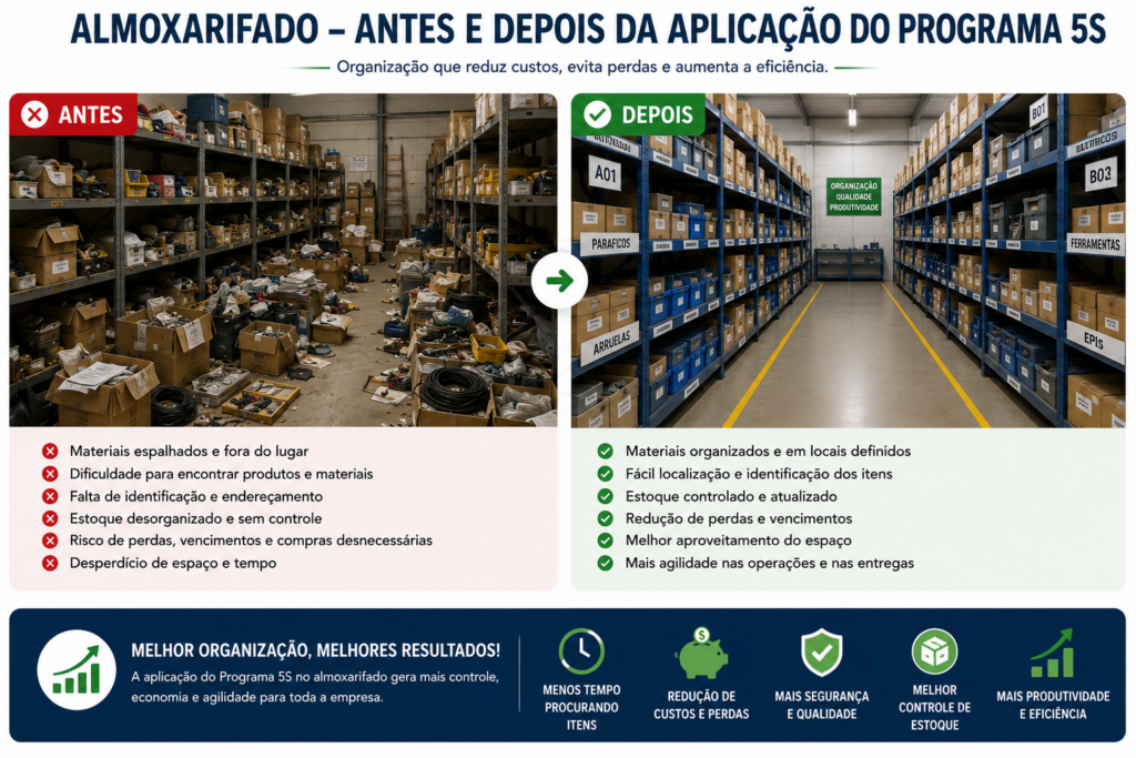 Comparação entre um almoxarifado desorganizado antes da implantação do Programa 5S e o mesmo ambiente organizado após a aplicação da metodologia 5S.