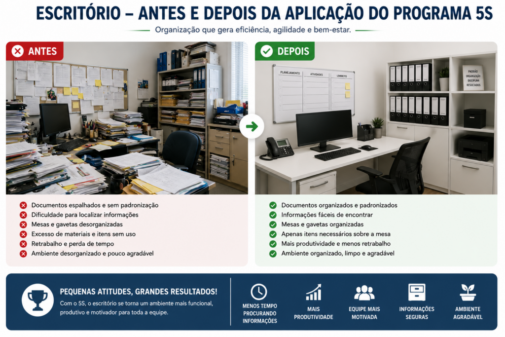 Comparação entre um escritório desorganizado antes da implantação do Programa 5S e o mesmo ambiente organizado após a aplicação da metodologia 5S.