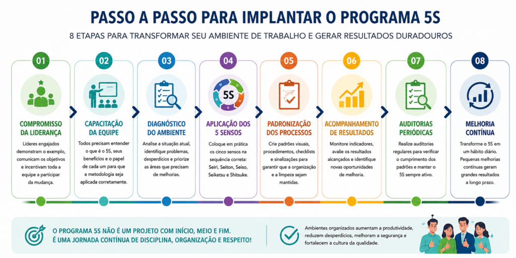 Fluxograma ilustrando as oito etapas para implantar o Programa 5S, desde o comprometimento da liderança até a melhoria contínua, com foco em organização, produtividade e qualidade.