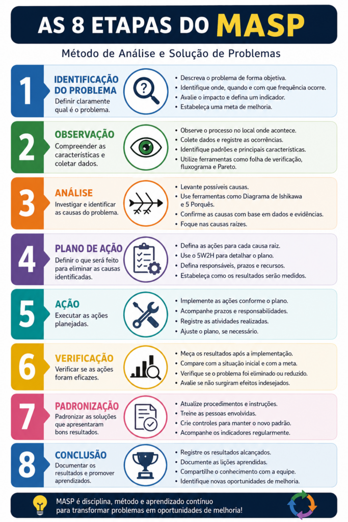 Infográfico das 8 etapas do MASP: identificação, observação, análise, plano de ação, ação, verificação, padronização e conclusão.