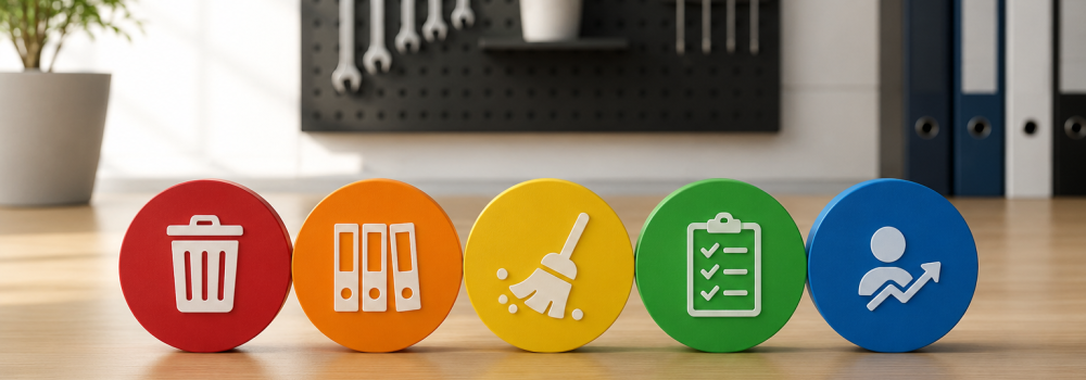 Ilustração representando o Programa 5S com elementos de organização, limpeza, padronização e produtividade em ambiente de trabalho.