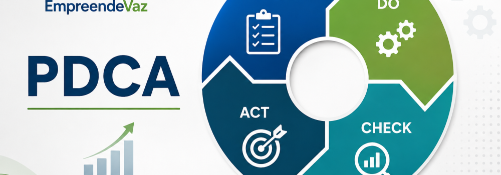 Ilustração do Ciclo PDCA mostrando as etapas Plan, Do, Check e Act para aplicação da melhoria contínua na gestão de processos.
