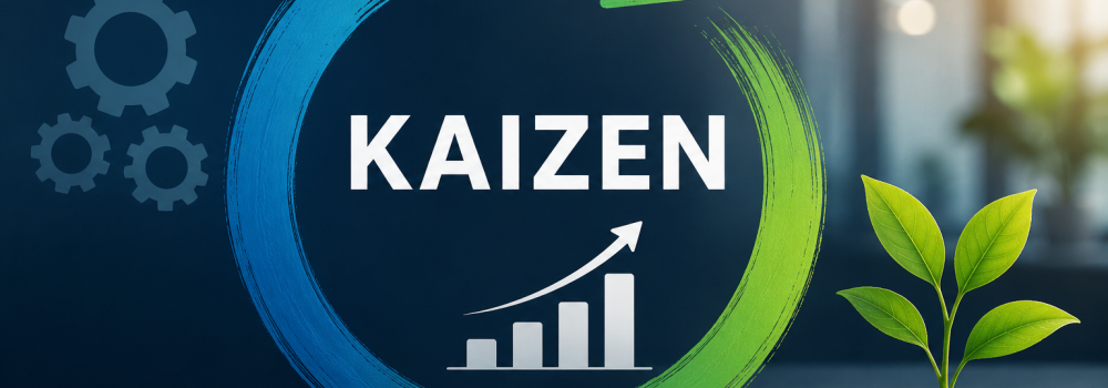 Ilustração representando o Kaizen e a melhoria contínua nas empresas por meio da otimização de processos e crescimento sustentável.